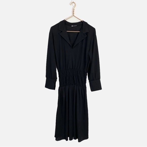 Zara Small Black Smocked Waist Long Sleeve Collared Midi Dress - Picture 2 of 11